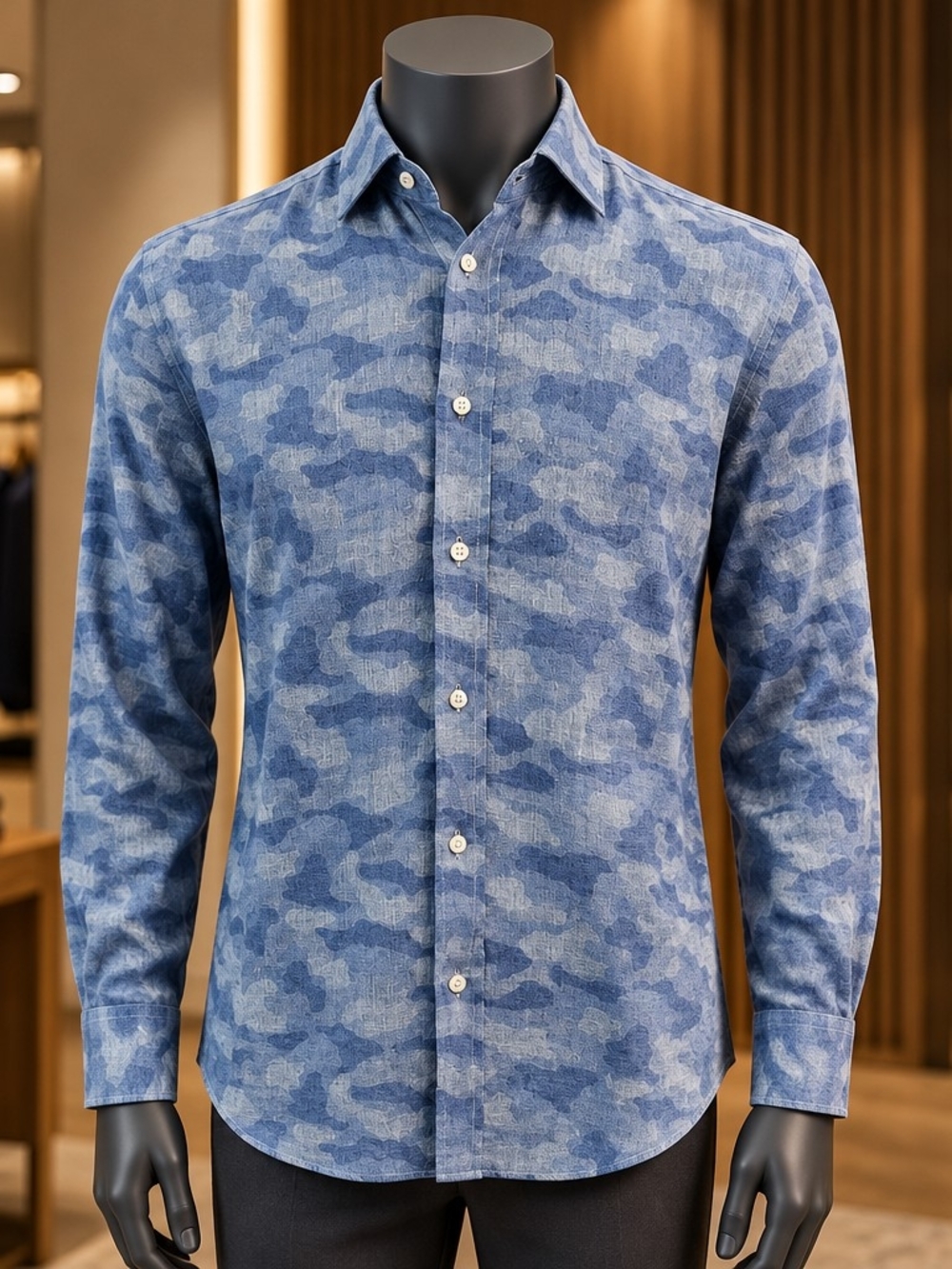 Culturata Long Sleeve Linen Shirt Size M Blue Camouflage